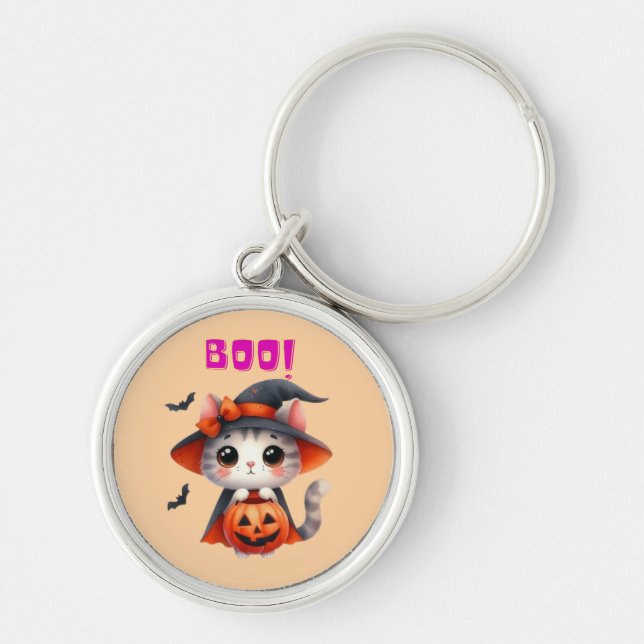 Chaveiro Gato de Halloween bonito com abóbora e Deco de Cha (Frente)