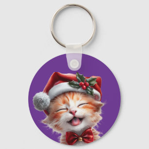 Chaveiro Gato de Natal bonito com Chapéu Santa e Arco