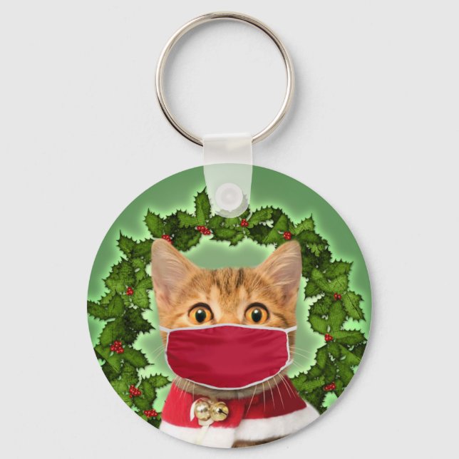 Chaveiro Gato de Natal com máscara de coronavírus (Frente)