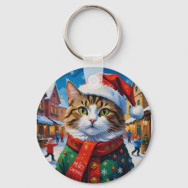 Chaveiro Gato de Natal Festivo com Chapéu de Papai Noel