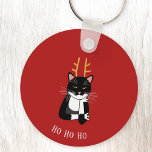 Chaveiro Gato de Natal sarcástico<br><div class="desc">Um sarcástico engraçado,  irritado e sem entusiasmo gato de smoking preto e branco com chifres de Natal. Ho ho,  etc. Excelente como um preenchimento de estoque. Altere o texto ou remova-o para personalizar ainda mais.</div>