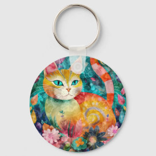 Chaveiro Gato de Olho Verde Cercado por Arranjo de Flores