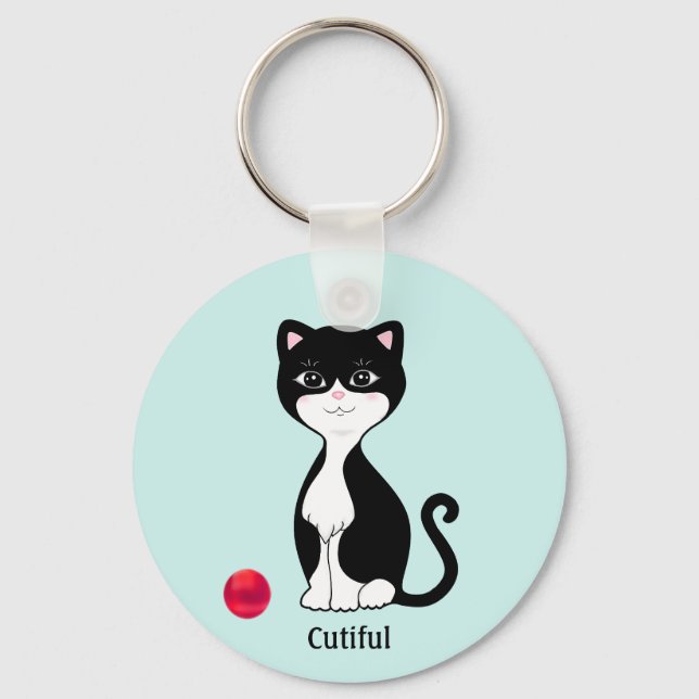 Chaveiro Gato de Tuxedo Fofo em Azul Claro (Frente)