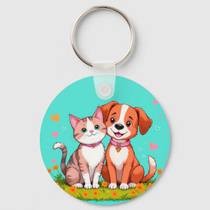 Chaveiro Gato e Cachorro de Desenho Animado Fofo Sentados J