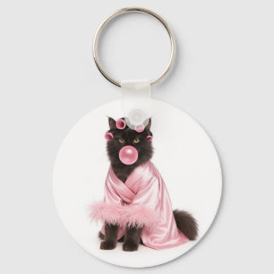 Chaveiro Gato em roupão rosa com rolos de cabelo e chiclete