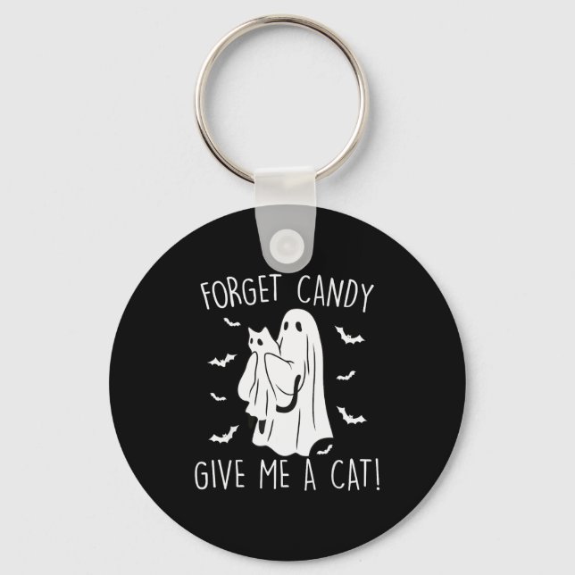 Chaveiro Gato Fantasma Engraçado de Halloween Esquece Doce  (Frente)