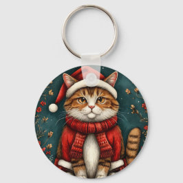 Chaveiro Gato Festivo Vestindo Chapéu e Cachecol de Papai N