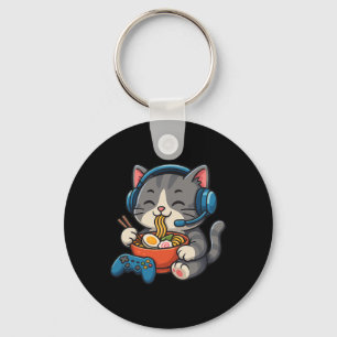 Chaveiro Gato Gamer Comendo Ramen - Amante de Jogos de Cons