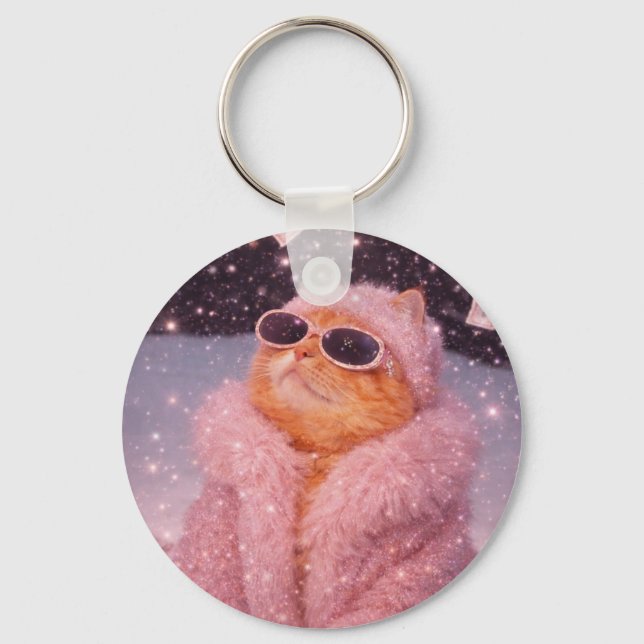 Chaveiro Gato Glam Money com Casaco de Pelúcia Rosa e Óculo (Frente)