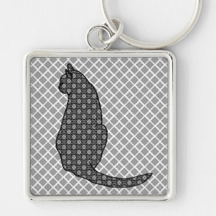 Chaveiro Gato Japonês - Impressão Kimono preto e branco