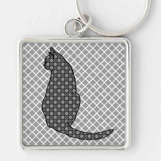 Chaveiro Gato Japonês - Impressão Kimono preto e branco (Frente)