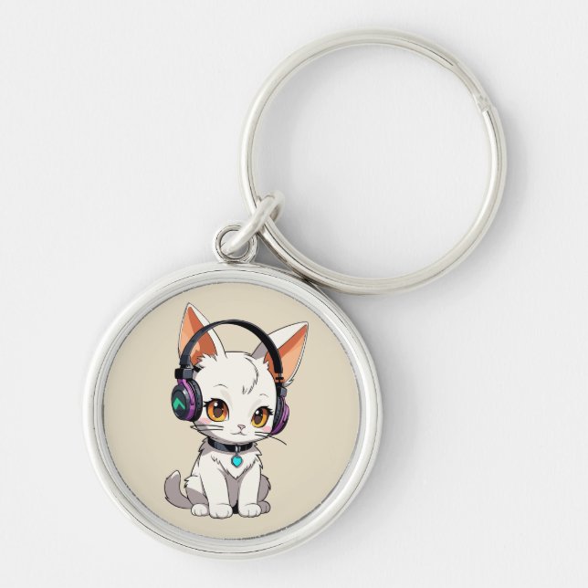 Chaveiro Gato Kawaii Adorável de Fones de Ouvido (Frente)