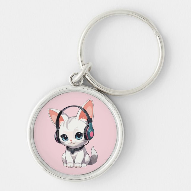 Chaveiro Gato Kawaii com Fones de Ouvido da Moda (Frente)