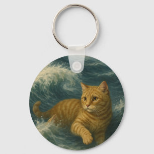 Chaveiro Gato Laranja Corajoso Montando Ondas do Ocea
