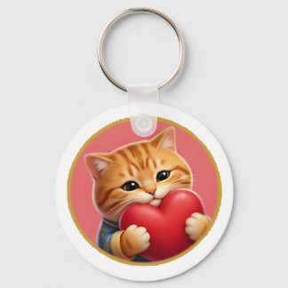 Chaveiro Gato Laranja Fofo Abraçando um Coração Vermelho -