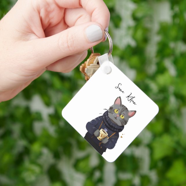Chaveiro Gato Legal de Gato Personalizado com Café (Mão)
