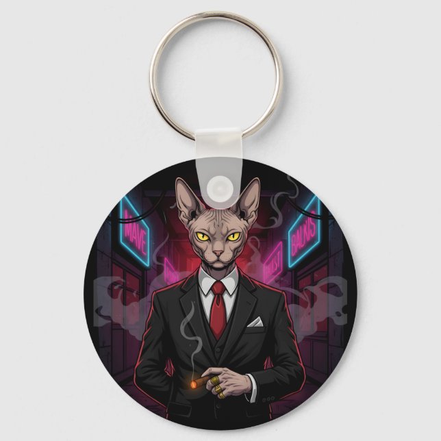 Chaveiro Gato Mafioso Sphynx em Estilo Neon Noir (Frente)
