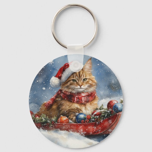Chaveiro Gato Maine Coon no Trenó Deixe Nevar Natal (Frente)