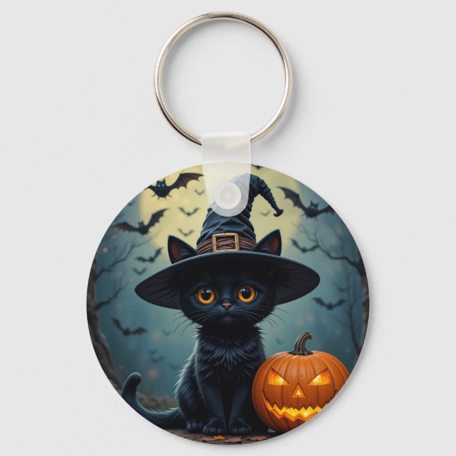 Chaveiro Gato Negro Adorável Vestindo Chapéu de Bruxa (Frente)