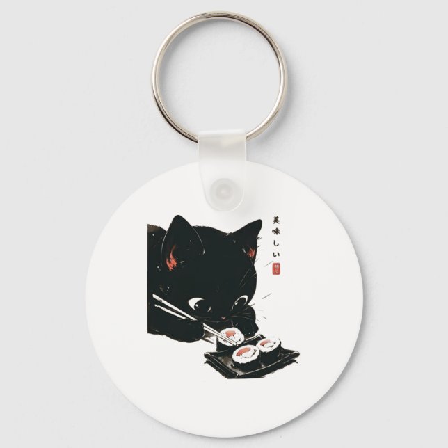 Chaveiro Gato Negro Comendo Sushi - Gato Japonês (Frente)