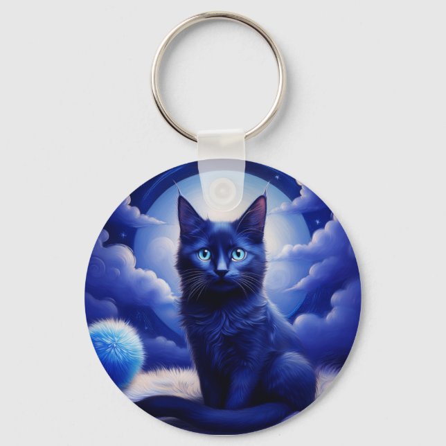 Chaveiro Gato Negro Contra Fundo De Uma Lua Azul (Frente)