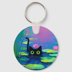 Chaveiro Gato Negro Engraçado Nadando Pond Quirky Art