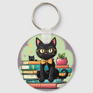 Chaveiro Gato negro sentado sobre uma pilha de livros