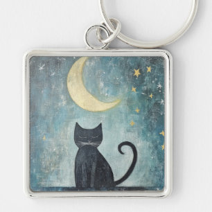 Chaveiro Gato Preto Adormecido com Lua Crescente e Estrelas