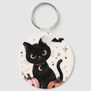 Chaveiro Gato Preto com Colar de Lua Abóbora Rosa