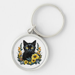 Chaveiro gato preto com flores