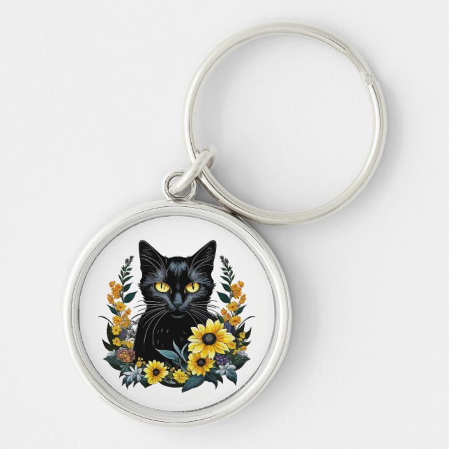 Chaveiro gato preto com flores (Frente)