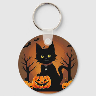 Chaveiro Gato Preto de Halloween Cercado por Jack-o'-Lanter