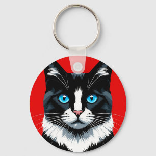 Chaveiro Gato Preto e Branco Com Olhos Azuis Vibrantes