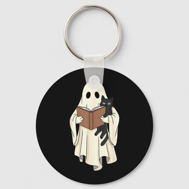 Chaveiro Gato Preto e Fantasma Lendo no Halloween (Frente)