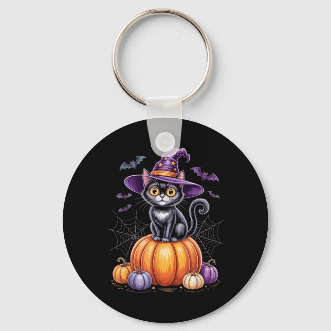 Chaveiro Gato Preto Em Abóbora Com Chapéu De Bruxa Hallowee (Frente)