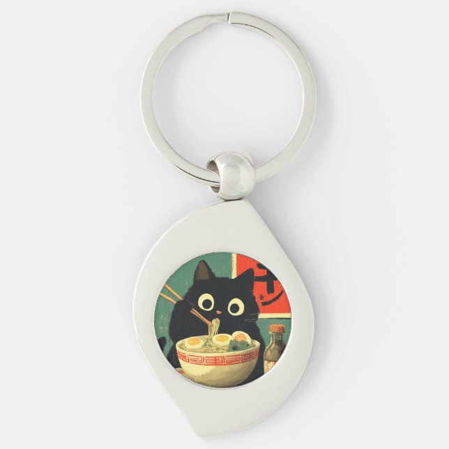 Chaveiro Gato Preto Engraçado Comendo Ramen (Frente)