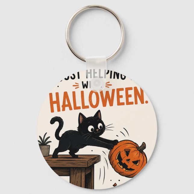 Chaveiro Gato Preto Engraçado Derrubando Abóbora de Hallowe (Frente)