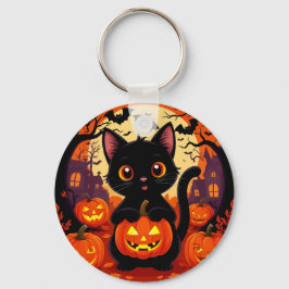 Chaveiro Gato Preto Fofo com Abóboras de Halloween