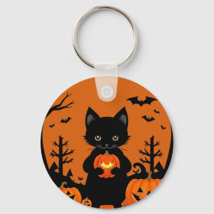 Chaveiro Gato Preto Fofo com Abóboras de Halloween