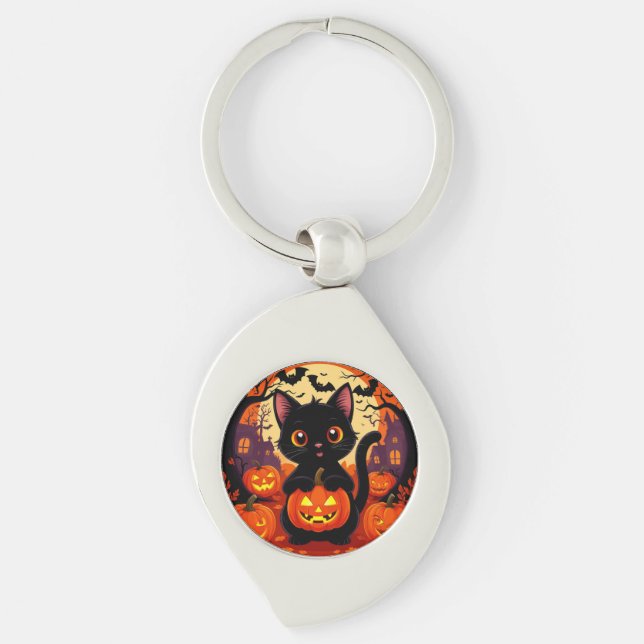 Chaveiro Gato Preto Fofo com Abóboras de Halloween (Frente)