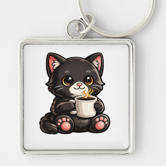 Chaveiro Gato Preto Fofo com Café (Frente)