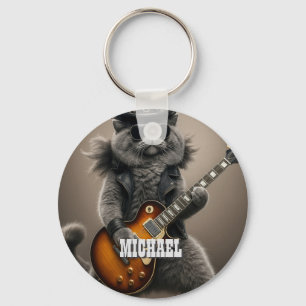 Chaveiro Gato Rockstar Tocando Guitarra Elétrica em Couro
