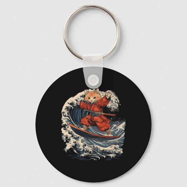 Chaveiro Gato Samurai Surfando Grande Onda Ronin Katana  (Frente)