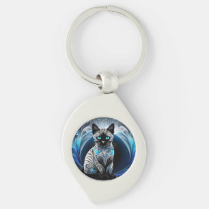 Chaveiro Gato siamês, abstrato preto azul e branco