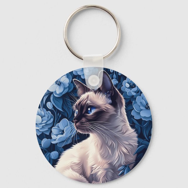 Chaveiro Gato Siamês nas Flores Azuis (Frente)