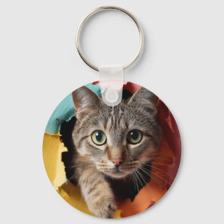 Chaveiro Gato Tabby Jovial Espiando Através de Papel Rasgad