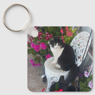 Chaveiro Gato Tuxedo Marrom Rosa Escuro Gatos e Flores
