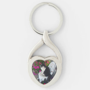 Chaveiro Gato Tuxedo Marrom Rosa Escuro Gatos e Flores