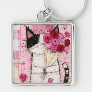 Chaveiro Gato Tuxedo Segurando Buquê de Rosas Rosa
