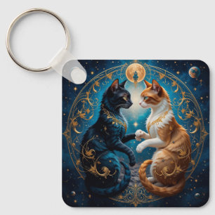Chaveiro Gatos Celestiais em Arte Cósmica com Ouro e Azul